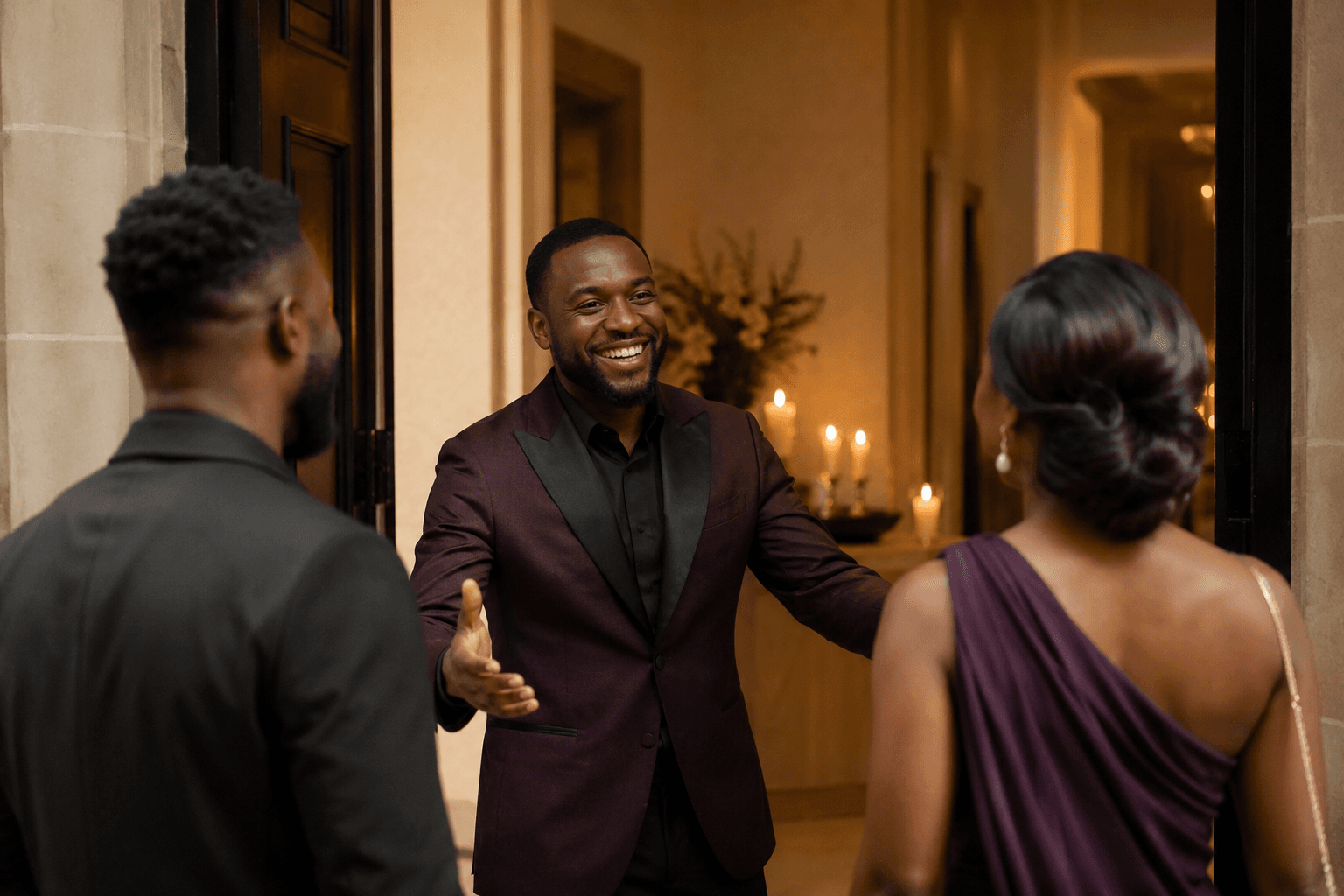 A host welcoming two guests at the door of an evening event